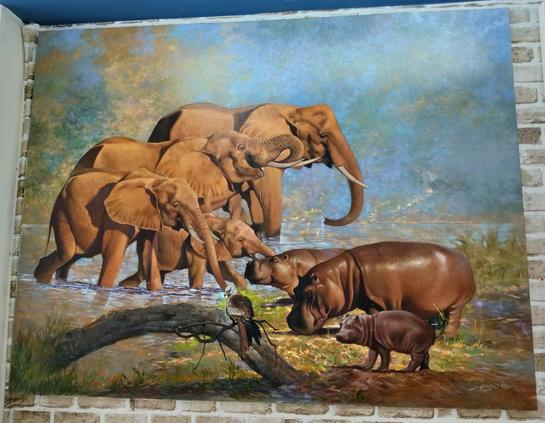 a painting of elephants and hippos at a watering hole done in a very realistic style