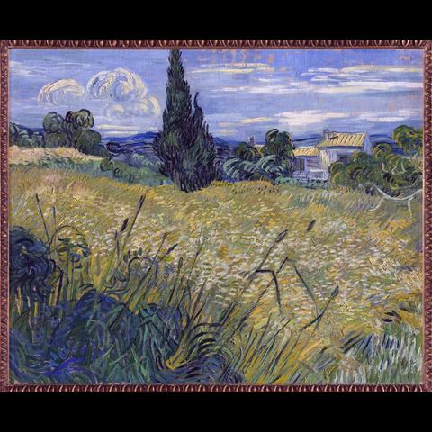 The artwork is a painting by Vincent van Gogh, characterized by its loose and expressive brushstrokes. It depicts a rural landscape with golden wheat fields under a cloudy sky. In the foreground, there are tall grasses swaying in the breeze, while a solitary tree stands prominently on the left side of the composition. A small house is visible in the background, nestled among trees and overlooking the open field. The art style is post-impressionist, known for its emphasis on the use of color to convey emotion rather than just represent the physical world.