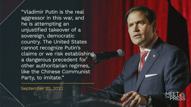 LE |

“Vladimir Putin is the real aggressor in this war, and he is attempting an unjustified takeover of a sovereign, democratic country. The United States cannot recognize Putin’s claims or we risk establishing, a dangerous precedent for other authoritarian regimes, like the Chinese Communist Party, to imitate.” - 
September 22, 2022