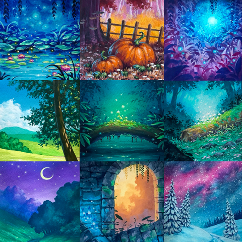 A collage showing snippets of nine different traditional paintings, all featuring landscapes with a magical touch: a nighttime pond, a pumpkin patch, a fairy tunnel, a sunny field, two mossy tree trunks in the forest, a rural scenery with purple sky, forest ruins at sunset, and a snowy landscape under a cosmic sky.