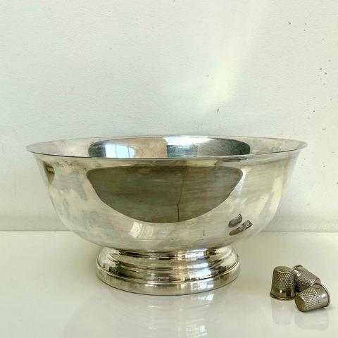 A shiny silver bowl, and 3 metal thimbles shown against a white background.