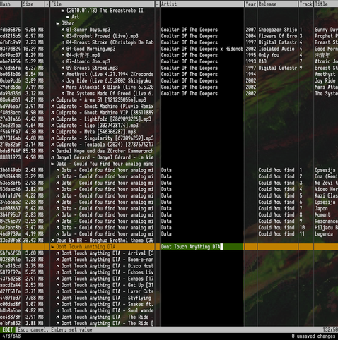 screenshot of text mode table representing a directory tree containing music files and their metadata. the "artist" column for a whole directory is being edited.