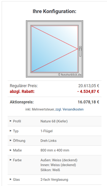 Konfigurator eines Drehkippfenster 80x40cm mit Preis von über 20.000EUR 