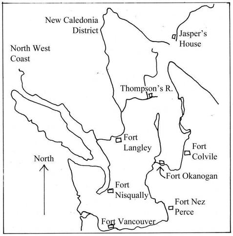 A simple map of the Columbia district that surrounded Fort Vancouver, and the New Caledonia district at Fort St. James.