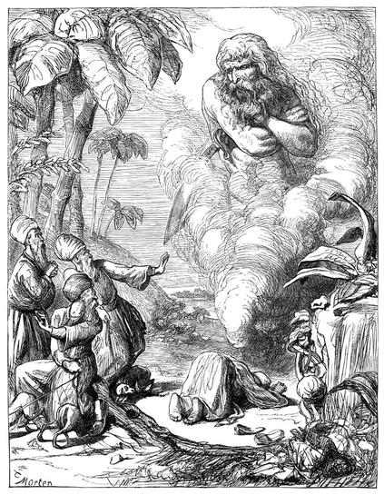Four men in turbans look astonished and alarmed as a genie appears in the midst of a large cloud of smoke, visible from the waist up, taking the guise of a stern giant carrying a scimitar.