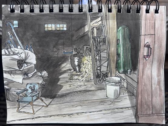  Ink and watercolor, drawing painting of inside a barn, including objects, kids, Mickey Mouse chair, white bucket, green sled, pile of hay, dark shadows