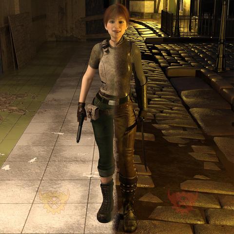 A 3d rendered image of a single character split down the centre with a slightly ragged, double sided glow. 
On the left she is wearing the tactical gear of Rebecca Chambers from the Resident Evil franchise and holding a handgun. The environment is a creepy, disused hallway.
On the right, she is wearing chainmail, an iron breastplate and leather trousers of Sally from the Ankh Morepork city watch of the Discworld books. The environment is a torchlit old-fashioned city street. 
