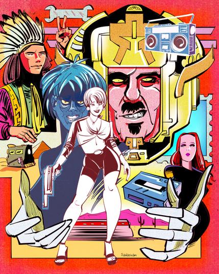 An illustrated montage featuring futuristic bad guys, native Americans, bulllet trains, spies and boomboxes.