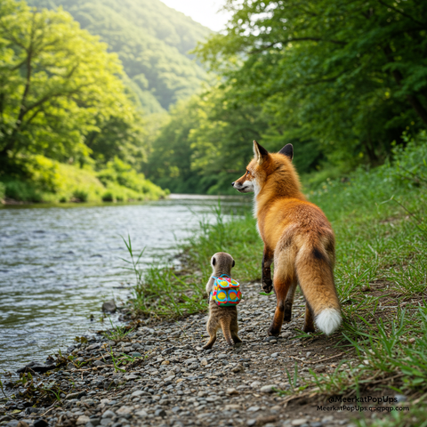 画像には、背中に黄色い小さなリュックサックを背負ったミーアキャットと、尻尾の白いキツネが、山間の小道を歩いている後ろ姿が写っています。小道の脇には緑豊かな草木や小さな花が咲き、左手には清らかな流れの川が見えます。遠くには緑の山々が連なり、空は明るい曇り空です。自然の中を仲良く散歩しているような、穏やかな情景です。これはAI生成画像です。
The image shows a meerkat with a small yellow backpack on its back and a fox with a white-tipped tail walking away down a path in a mountainous area. Lush green plants and small flowers grow along the side of the path, and a clear flowing river is visible on the left. In the distance, green mountains stretch out, and the sky is a bright overcast. It is a peaceful scene of the two animals enjoying a walk together in nature. This is an AI-generated image.