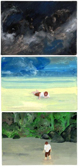 Trois gouaches présentant une tempête assez abstraite, un Robinson se relevant sur une plage lumineuse, malgré le ciel encore un poil chargé de la tempête, et enfin le Robinson, debout, sur la plage, face à la forêt.