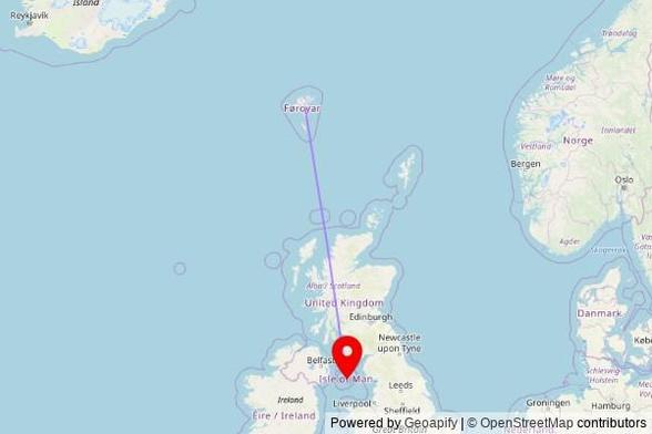 A map showing the great circle route from Tórshavn in the Faroe Islands to a map pin at All Saints, Alexander Drive, Douglas, IM2 3QH, Isle of Man