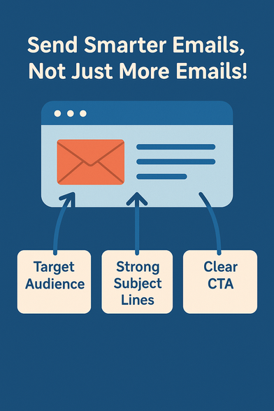 A clean flat digital illustration showing an email inbox with arrows pointing to 'Target Audience,' 'Strong Subject Lines,' and 'Clear CTA,' representing a smart and effective email marketing strategy for business growth.