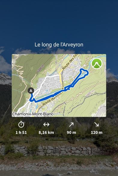 Résumé de randonnée Komoot. Nom : le long de l'Arveyron, durée 1h51, distance 8.16km, dénivelé 100m.