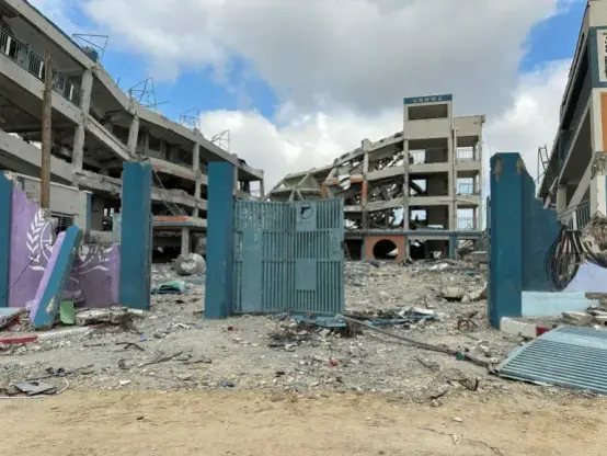 An UNRWA-run school destroyed in Israeli strikes lies in ruins in Khan Younis