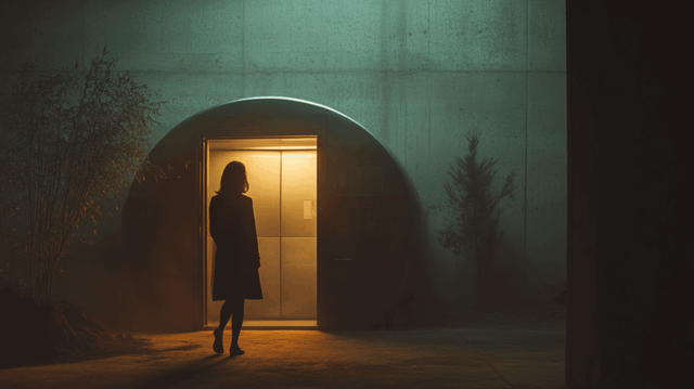 A woman about to enter a teleportation booth.