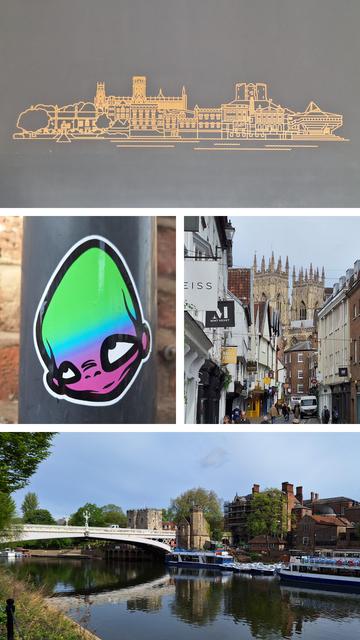 Collage of four pictures, top a yellowish stylised panorama depiction of some of York's sights (minster, tower, Uni York Central Hall) on a grey background; in the middle two smaller pictures showing a sticker of the head of an alien, mainly green and purple, as well as a shot up Low Petergate with old building facades and the towers of the minster; and at the bottom again a panorama showing Lendal Bridge from downstream, with some tourist Ouse ships moored.