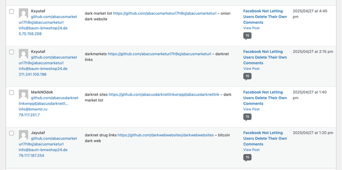Screenshot showing a bunch of darknet market spam as displayed on the WordPress Comments screen