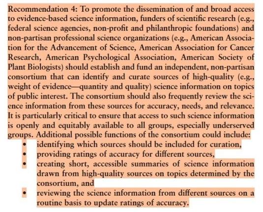 A recommendation from the National Academies Understanding and Addressing Misinformation about Science report suggests that funders of scientific research and professional scientific organizations join to establish an independent consortium that curates  sources of high-quality science information on topics of public interest.
