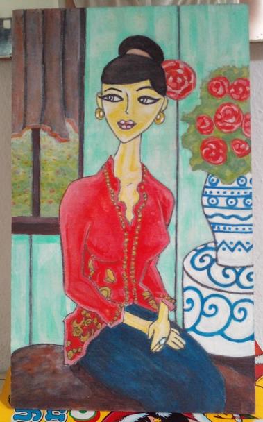 a painting of a woman sitting looing out of her window at her garden, teal walls behind her, a flower pot on a table with red flowers, her hair is pinned up, she is wearing a red long-sleeved formal shirt and a long blue shirt