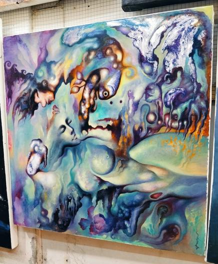 a painting, it is a colorful scene , dreamy, done in pastel tones, there are vegetative and mineral-like forms around a female laying on her side, her form warped and distorted, lots of teals and purples and orange and blue