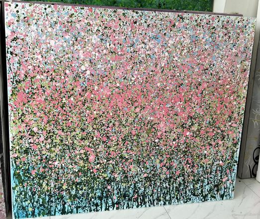 a painting done with splatters and drips, a field of pink flowers, lots of pink and white and green and blue 
