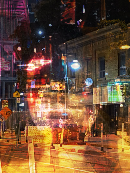 A woman’s face is blended with multiple images of streets and storefronts in a Toronto neighbourhood.