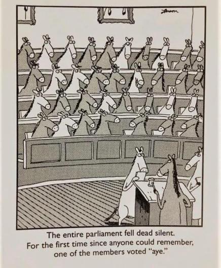 A room full of horses like a parliament. One horse is standing up front casting his vote.
"The entire parliament fell dead silent. For the first time since anyone could remember, one of the members voted 'aye'."