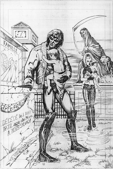 Gambit and Storm of the X-men as vampires. They are in a graveyard and holding two children.