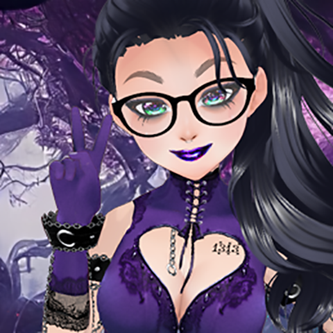 A goth VTuber in a purple corset gives you the peace sign.