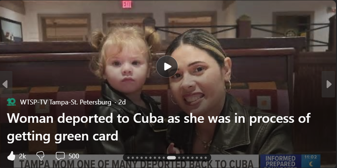 WTSP-TV Tampa-St. Petersburg

Woman deported to Cuba as she was in process of getting green card

When Heydi Tejeda went to her regularly scheduled ICE check-in on Tuesday, they detained and deported her.