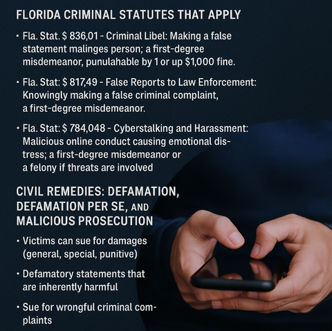 How to Pursue Criminal and Civil Charges for Online Harassment and Cyberstalking in Florida
By James Seidel | CC News Network

Pensacola, Fla. — In an era where online defamation, harassment, and cyberbullying are increasingly weaponized, many victims are unaware they have powerful tools under Florida law to fight back — including the ability to pursue both criminal charges and civil damages.

If you are being falsely accused online of serious misconduct — such as theft, fraud, or any serious violations — and harassed through repeated, malicious posts, Florida law provides several pathways for justice.
