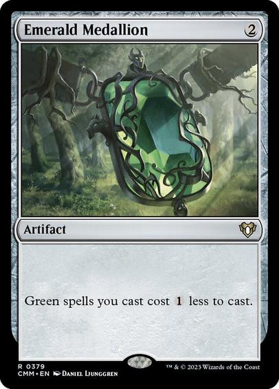 Card Name: Emerald Medallion
Set: Commander Masters
Description: Green spells you cast cost {1} less to cast.
Artist: Daniel Ljunggren