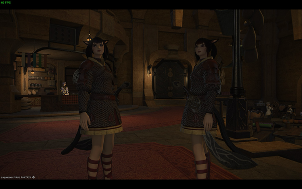 The image shows two female characters with cat-like ears and tails (Miqo'te) from the game Final Fantasy XIV. They are standing in what appears to be an old stone building. The characters are similarly dressed in medieval-style chainmail, with red and gold accenting. The environment is dark, with various props like barrels, bags, and a shop stand further in the background, and a large arched doorway in the back.
