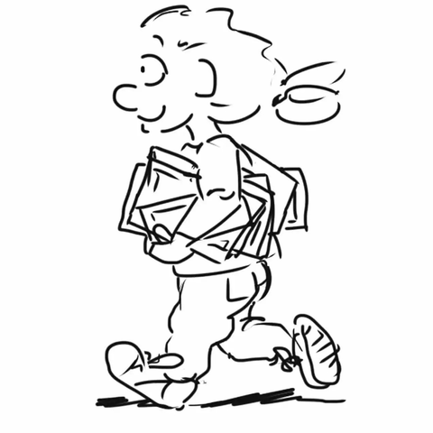 Fille qui court en souriant, le regard droit et déterminé, des planches de BD, des cartons à dessins, des croquis et des livres sous les bras.