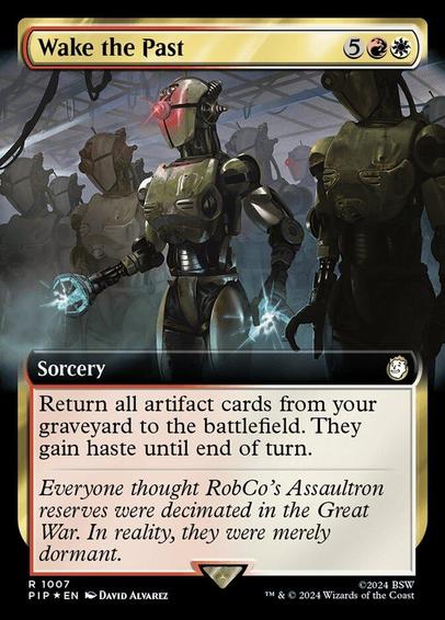 Card Name: Wake the Past
Set: Fallout
Description: Return all artifact cards from your graveyard to the battlefield. They gain haste until end of turn.
Artist: David Álvarez