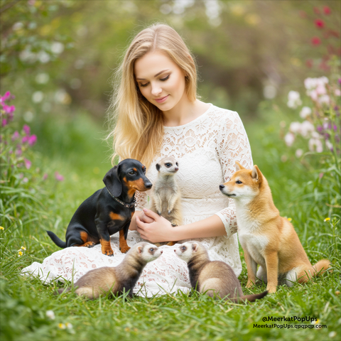 画像には、白いレースのドレスを着た若い女性が、草の上に座って4匹の動物と触れ合っている様子が写っています。女性はブロンドの髪をしており、優しい表情で動物たちを見つめています。彼女の左側には黒と茶色のミニチュア・ダックスフントが座っており、正面には小さなミーアキャットが女性の手に抱かれています。女性の右側には、オレンジと白の柴犬が座っています。前景には、2匹のフェレットがじゃれ合っているように見えます。背景は緑の草と、ぼやけていますがピンクや白の花が見られます。全体的に、穏やかで和やかな雰囲気の写真です。これはAI生成画像です。

The image shows a young woman in a white lace dress sitting on the grass and interacting with four animals. The woman has blonde hair and is looking at the animals with a gentle expression. To her left, a black and tan miniature dachshund is sitting, and in front of her, a small meerkat is held in her hands. To the woman's right, an orange and white Shiba Inu is sitting. In the foreground, two ferrets appear to be playing. The background consists of green grass and blurred pink and white flowers. Overall, it is a picture with a calm and peaceful atmosphere. This is an AI-generated image.