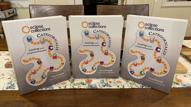 Three hardback versions of "Eclipse Collections Categorically: Level up your programming game" standing by themselves on a wood table.