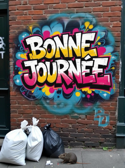 Images composée dans Affinity Photo à partir de différentes images générées dans ComfyUI. Graffiti sur un mur de brique où il est noté bonne journée, dans une rue mal entretenue, présence d’ordures et d’un 🐀 