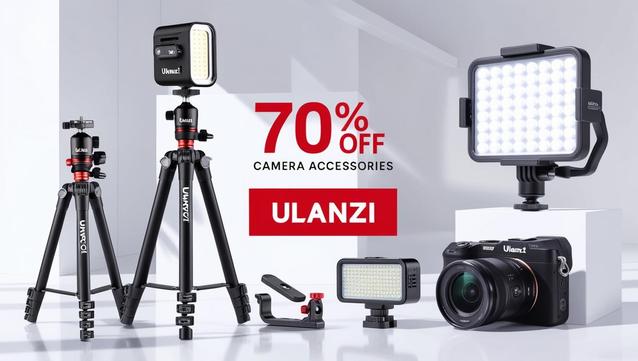 Ulanzi camera accessory sale banner showcasing a wide range of discounted camera gear including action camera accessory kit, heavy duty camera tripods, best tripods for professionals and beginners, and camera LED lights arranged aesthetically on a desk setup. Promotional text highlights up to 70% off Ulanzi camera accessories with a limited-time offer. A bold call-to-action encourages users to shop now using an Ulanzi discount code. The image is designed for a U.S. audience, appealing to photographers, vloggers, and content creators looking to upgrade their camera setup. The visual includes product close-ups, lighting effects, and a modern, creative workspace in the background that represents the current tech-savvy generation of content creators. Eye-catching colors, brand logo, and highlighted deals make the image ideal for high engagement on social media platforms. Perfect for campaigns targeting creators seeking professional-grade accessories at discounted prices. Emphasizes limited-time camera gear deals from Ulanzi for U.S. customers