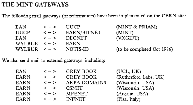 Table showing the routing between MINT electronic mail systems.