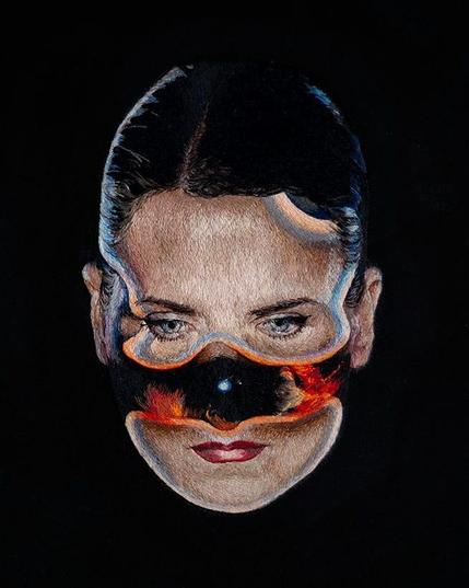 Embroidery portrait on a black background showing a woman's face split down the middle, revealing a cosmic scene with a star shining in its depths.