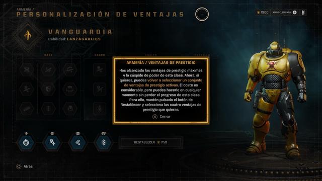 The image displays a character customization interface for a video game, featuring a prominently armored character in yellow and black armor. Categories for skills and perks are visible on the left side, with a detailed description of prestige advantages in Spanish on the right.