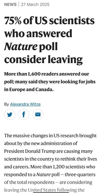 75% of US scientists who answered Nature poll consider leaving
More than 1,600 readers answered our poll; many said they were looking for jobs in Europe and Canada.
By Alexandra Witze
Twitter Facebook Email
The massive changes in US research brought about by the new administration of President Donald Trump are causing many scientists in the country to rethink their lives and careers. More than 1,200 scientists who responded to a Nature poll — three-quarters of the total respondents — are considering leaving the United States following the disruptions prompted by Trump. Europe and Canada were among the top choices for relocation.

