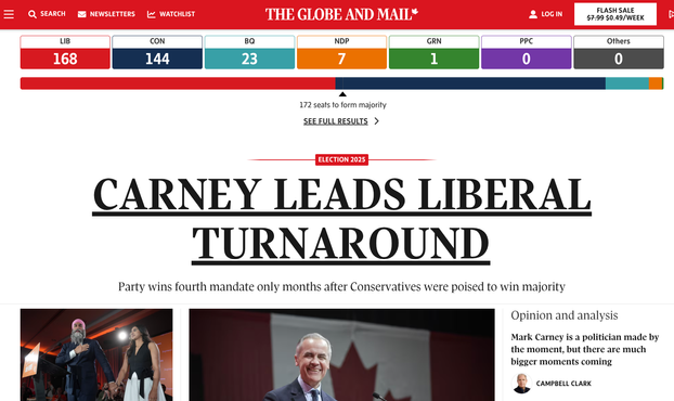 globe and mail Carney victory home page