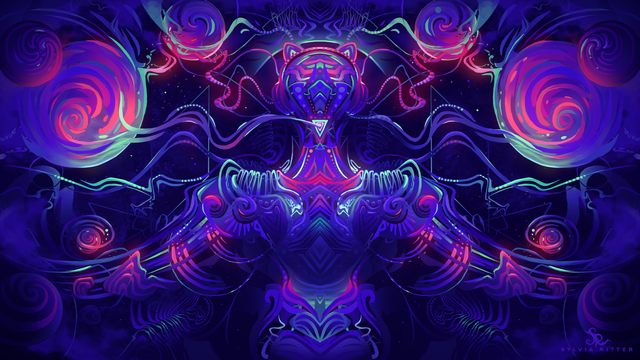 Hold the Line - A psychedelic blacklight artwork playing with symmetry. In the center, we see a droid assembled with detailed mechanic parts, wearing cat ear headphones. It holds the line with ports to all the planets and galaxies. A diplomat and communicator for love and peace.
We had 24 hours to finish the artwork (including sleep and breaks).
Many thanks to my wonderful friend and illustrator mouldyCat for providing the chaos picture paintover.3eyed.net/.