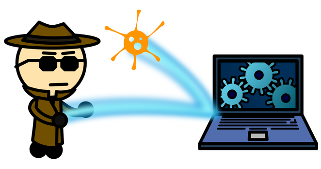 Malicious user throwing a virus at a computer, the attack is deflected because the computer is fully patched. Gears are visible on the screen to represent a properly configured computer.