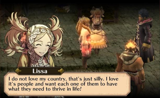 Image shows a screenshot of Fire Emblem Awakening (3ds).
The Players character, Lissa, Sumia, and Vilka are talking together. 
Lissa says "I do not love my country, that's just silly. I love it's people and want each of them to have what they need to thrive in life!"
