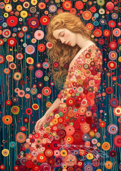 A stylized, painterly image of a young woman with flowing golden hair, eyes closed in peaceful repose. She is surrounded by and draped in a vibrant tapestry of circular, flower-like patterns in red, orange, and pink tones. The background is filled with colourful abstract dots and threads, giving the image a dreamlike, surreal atmosphere.
