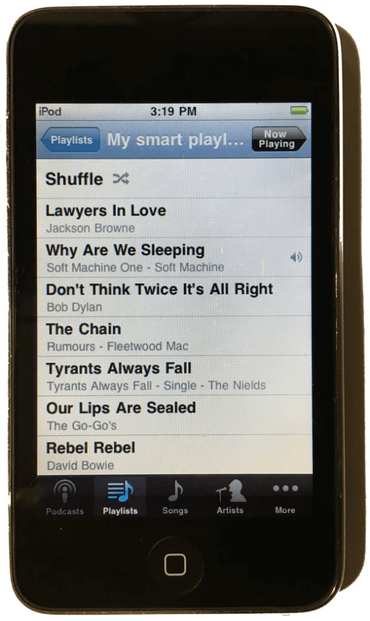 The importance of music in our lives. Photograph of Adrian Segar's iPod, showing a smart playlist of music he loves