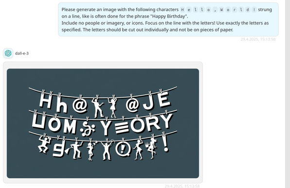 The following prompt fed to Dall-E:

Please generate an image with the following characters `H` `e` `l` `l` `o` `,` `W` `o` `r` `l` `d` `!` strung on a line, like is often done for the phrase "Happy Birthday".
Include no people or imagery, or icons. Focus on the line with the letters! Use exactly the letters as specified. The letters should be cut out individually and not be on pieces of paper.

It replies with a picture with non-sense text.